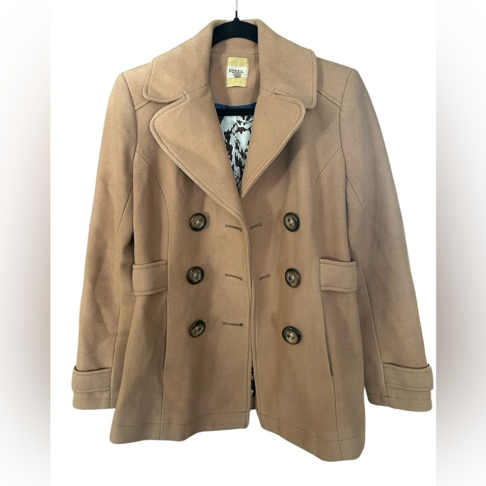Fossil Tan Peacoat Wool Blend Size XS "50% Modern 50% Vintage" Button Closure